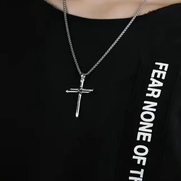 !! Sold Cross 3 Nail Necklace Religious Christian Statement Steel Silver Unisex - Picture 8 of 13